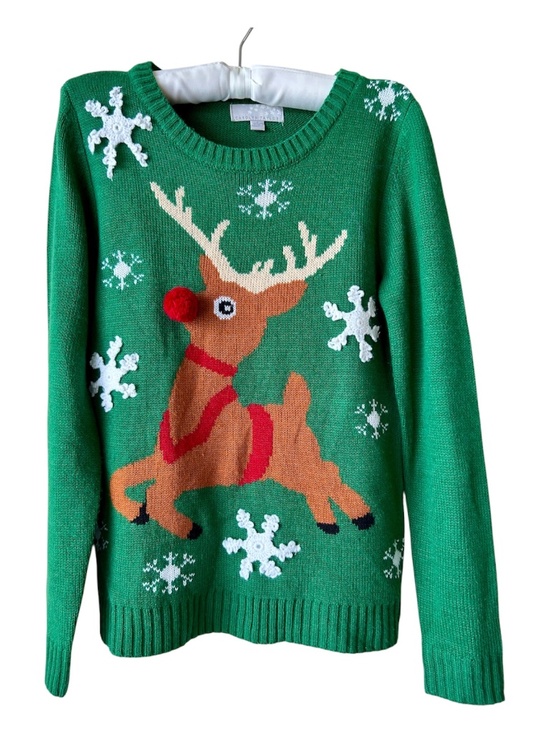 Carolyn Taylor Sweaters - Reindeer Holiday Sweater Green Brown Red White Snowflake Long Sleeve Crew Small